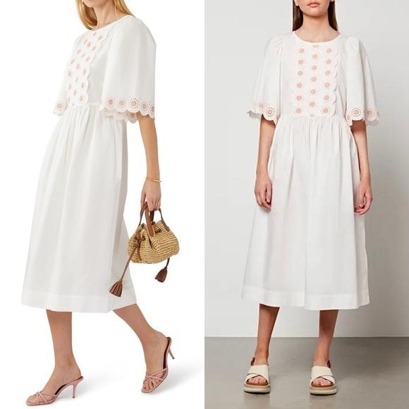 SEE BY CHLOE Floral Eyelet Embroidered Puff Short Sleeve Scalloped Midi Dress 6 - Picture 7 of 16